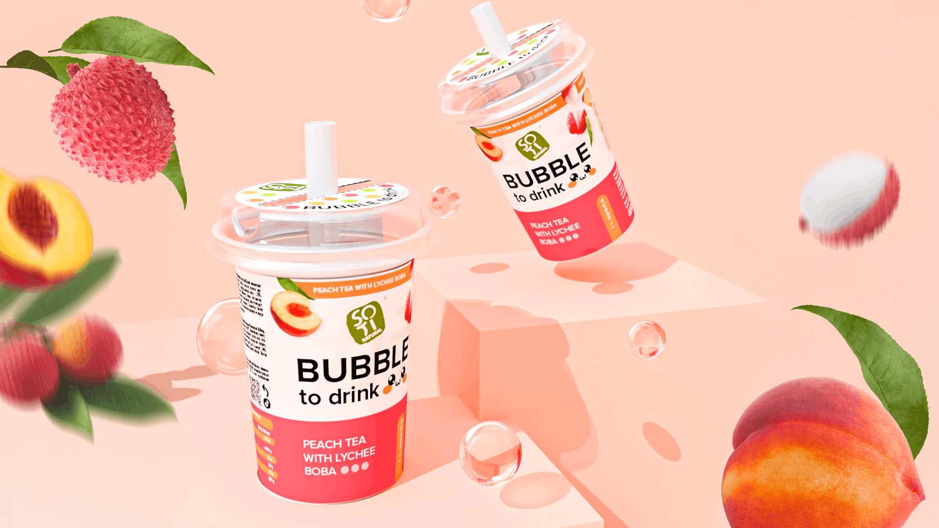 Projekt opakowania Bubble Tea SOTI Natural Peach Tea Lychee Boba | packaging design FYNK Kraków