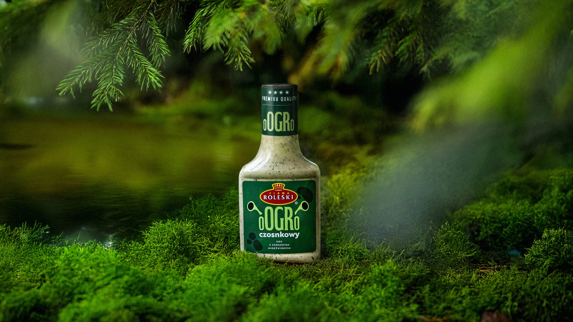 Projekt opakowania sosu czosnkowego Ogr - ciemno zielone tło, jasno zielone kolory, sos czosnkowy z czosnkiem niedźwiedzim | packaging design FYNK