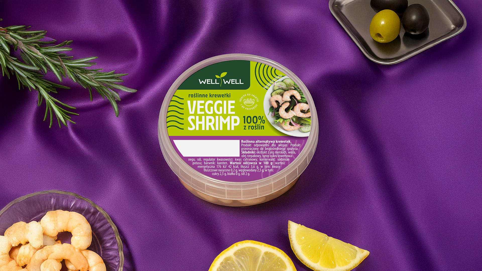 Projekt opakowania Well Well Veggie Shrimp — roślinne krewetki na fioletowym tle | packaging design FYNK
