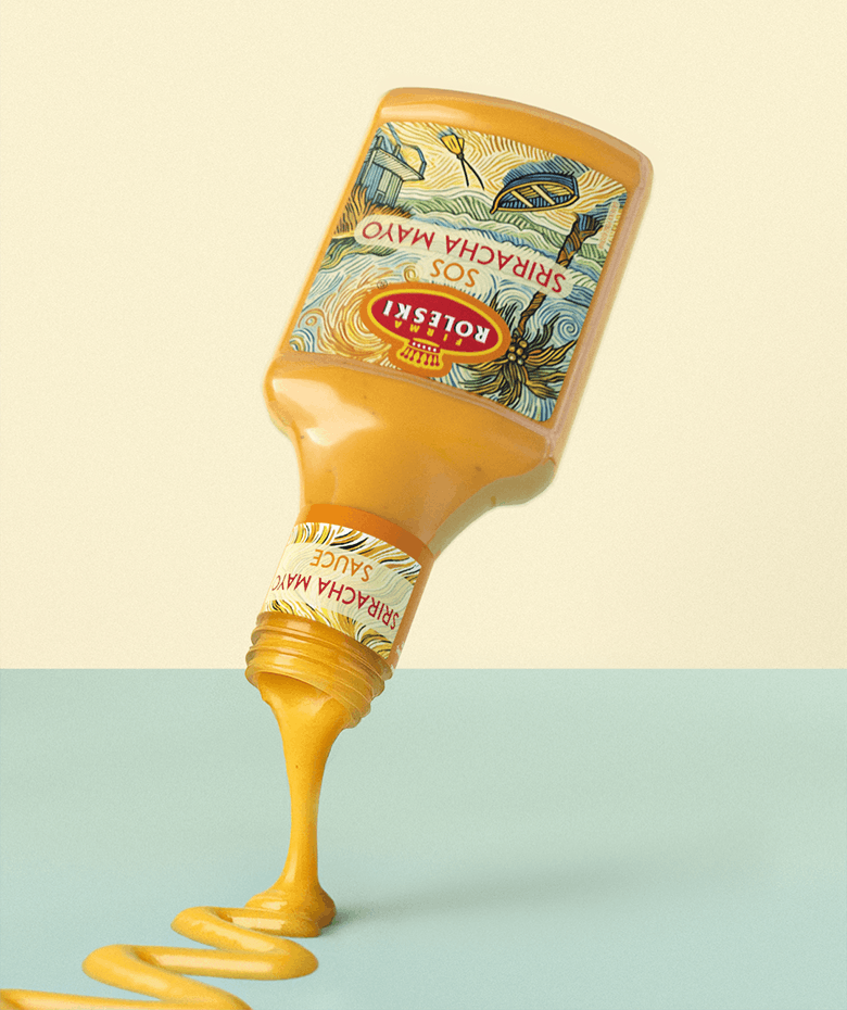 Sos sriracha mayo, styl van goch, ilustracja impresjonizm, palma | packaging design FYNK