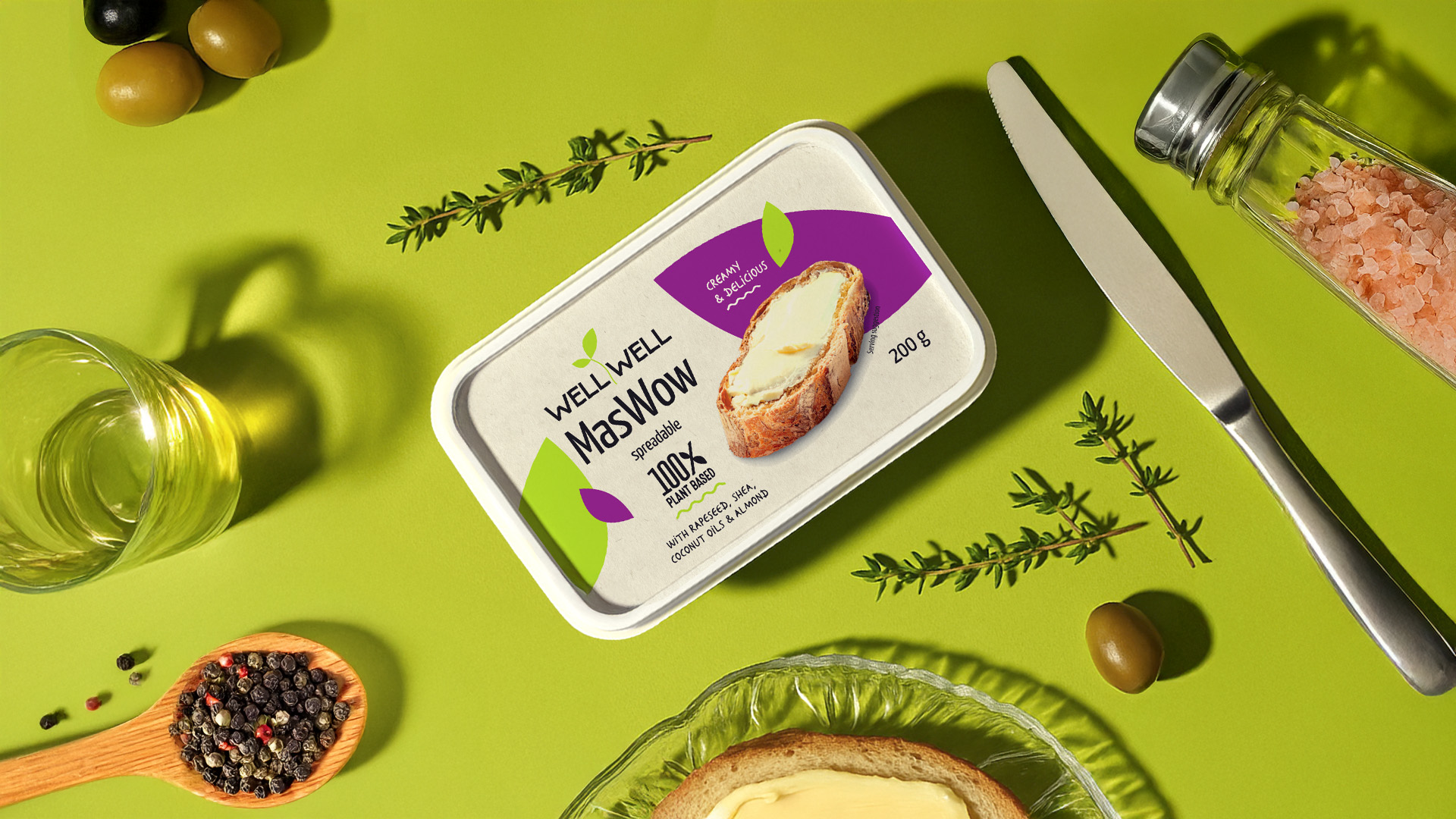 Projekt opakowania Well Well MasWow — roślinny spread na limonkowym tle | packaging design FYNK Kraków