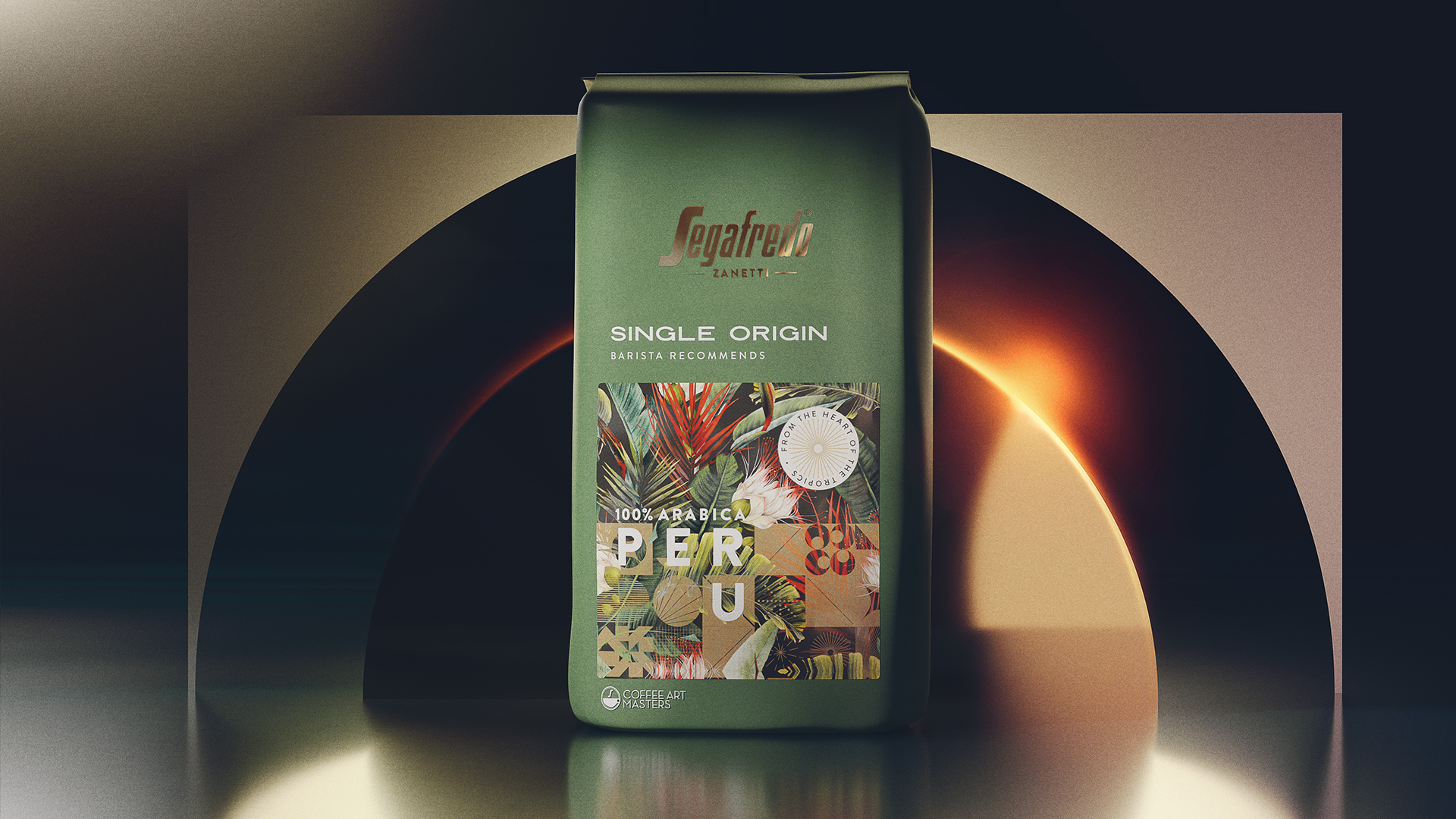 Segafredo - Single Origin Peru - zielone opakowanie kawy z etykietą dla 100% Arabica Peru, opakowanie w aranżacji nowoczesnych elementów półkola z zachodzącym słońcem